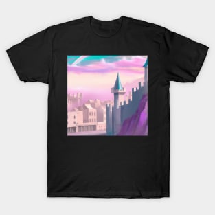 Castle Kingdom With Pink Sky Synthwave Light City T-Shirt